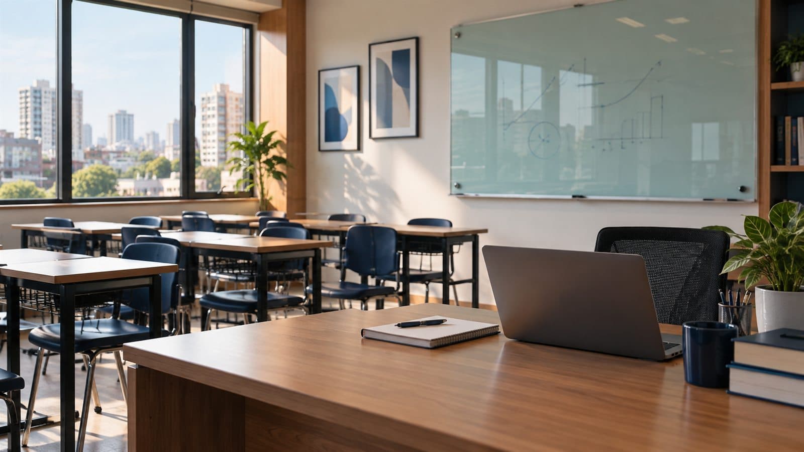 Illustrative coaching classroom with a staff desk and learning materials